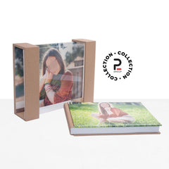 "Album fotografico Kit Martina 25x35 ORIZZONTALE", "Dettaglio cofanetto plexiglass Kit Martina", "Fotolibro con copertina personalizzata e dorso in ecopelle".