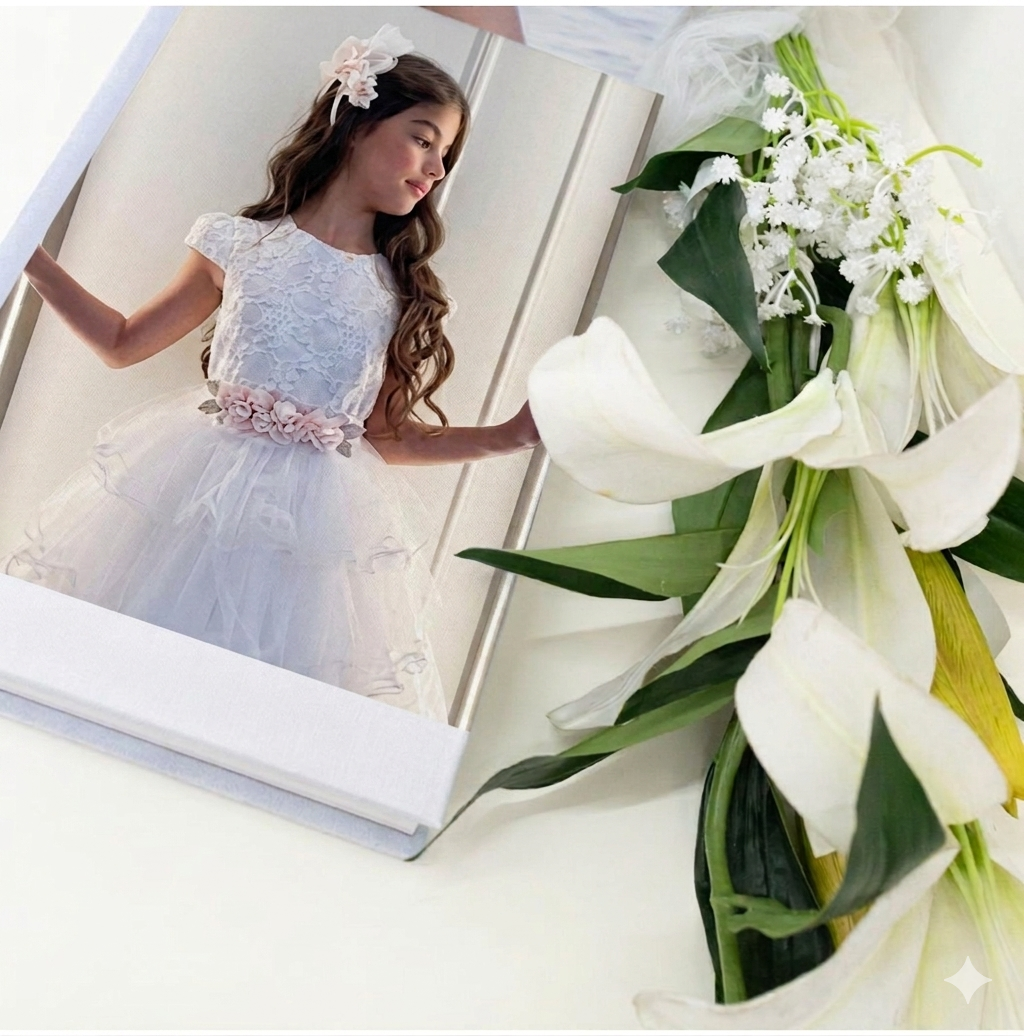 Dettaglio del Kit Mary: album fotografico con copertina in tela canvas personalizzata con il ritratto di una bambina, chiuso lateralmente da un elegante nastrino di raso bianco legato a fiocco.
