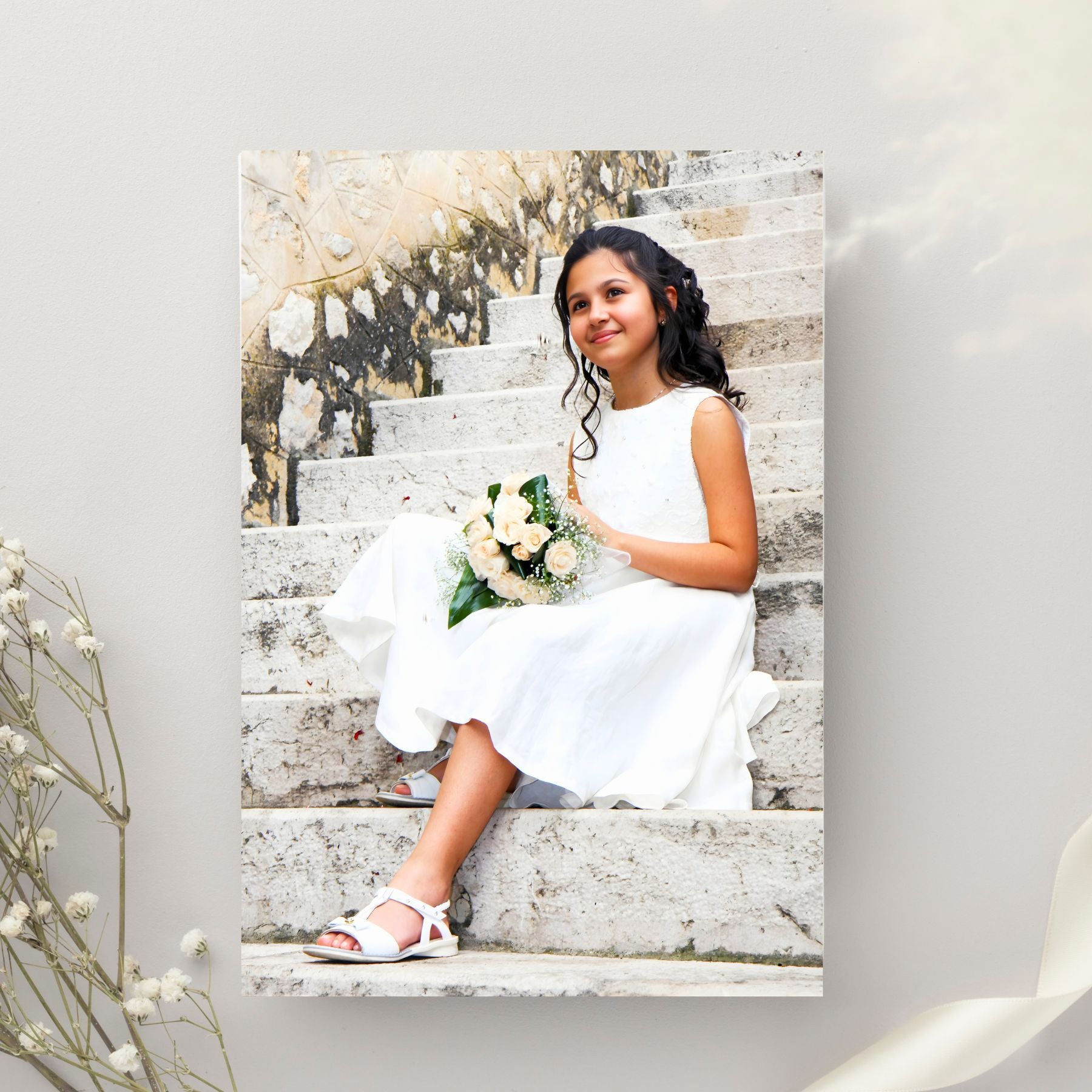 Stampa foto su tela canvas di alta qualità con telaio in legno, dettaglio del tessuto materico e dei colori vividi della fotografia.